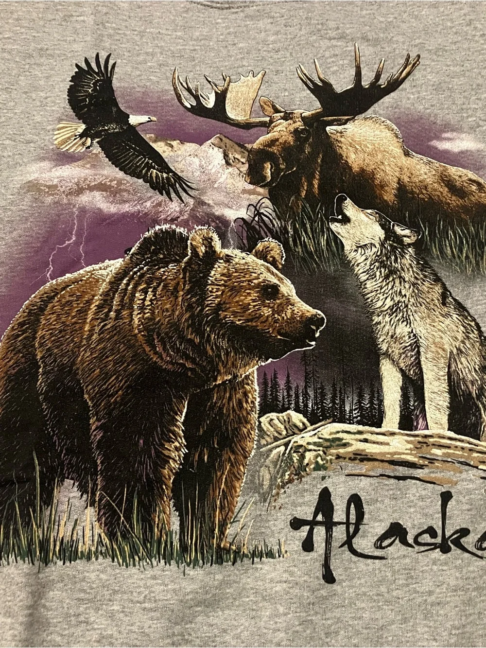 Y2K Vintage Alaska Wildlife Graphic Crewneck Moose Bear Eagle XL